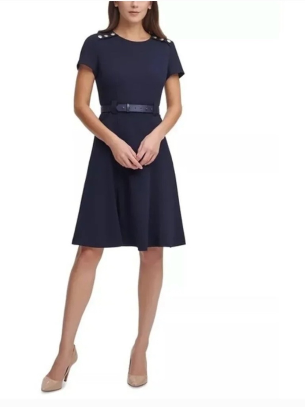 Karl Lagerfeld Paris Navy Fit & Flare Belted Dress Women’s Size 14 | Elegant
